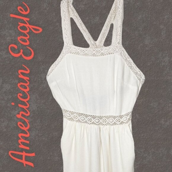 AMERICAN EAGLE Linen Blend Ivory Crochet Cross Strap Jumpsuit, Size Small - Picture 2 of 12